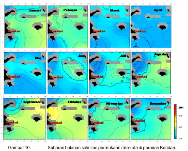 Gambar 10. Sebaran bulanan salinitas permukaan rata-rata di perairan Kendari.