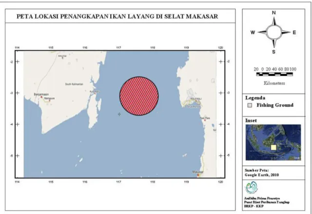 Gambar 1  Peta  lokasi  penelitian  dan  posisi  daerah  penangkapan  pukat  cincin  besar  di  Selat  Makassar