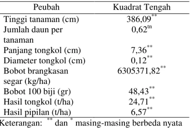 Tabel 4.  Analisis  ragam  beberapa  sifat  agronomis  jagung  pada  pertanaman  monokultur  dan  tumpangsari 