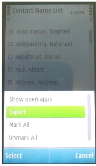 Gambar 4.2. Tampilan Contact List dan Menu Back-up dan Alert Info  Sebelum  dapat  melakukan  proses  export,  user  harus  melakukan  login  terlebih dahulu seperti yang ditampilkan pada Gambar 4.3