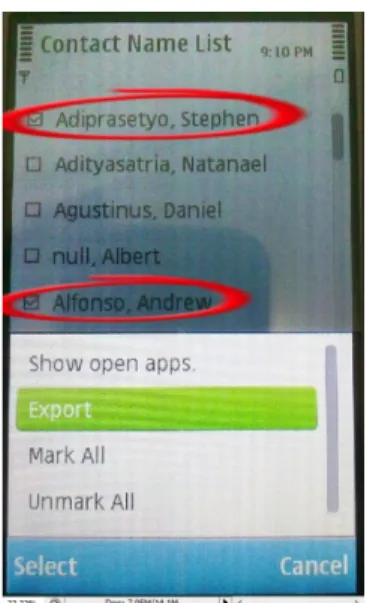 Gambar 4.8. Data Contact Hasil Seleksi User yang  Akan Di-back-up pada Nokia C6-00 