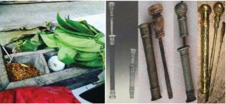 Gambar 1. Gambar kiri adalah contoh wadah sirih logam penghancur sirih pinang pada masyarakat Bali penyokcokan pinang atau di Bali disebut pabuan