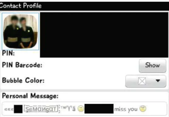 Gambar 3. Status Blackberry Messenger sebagai bentuk dukungan antar persona