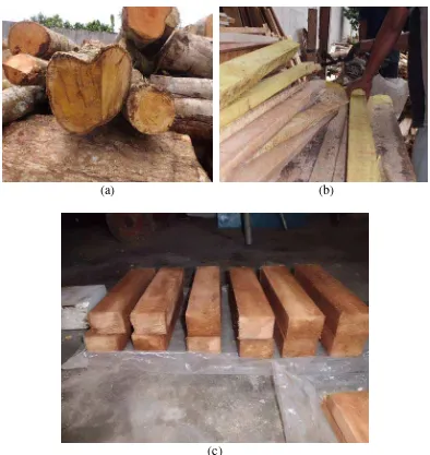 Gambar 2. Gambar kayu durian, (a) kayu durian berbentuk log, (b) pemotongan kayu durian, (c) contoh uji kayu durian
