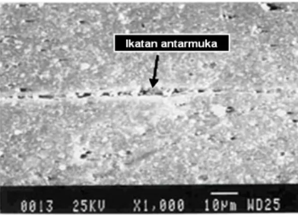 Gambar 8.  Mikrostruktur  ikatan  antarmuka  kelongsong  AlMg2  dengan  U 3 Si 2 /Al 