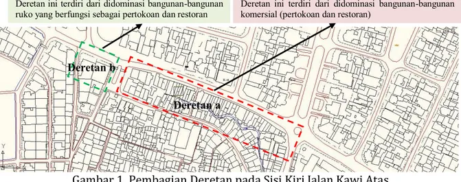 Gambar 1. Pembagian Deretan pada Sisi Kiri Jalan Kawi Atas  (Sumber: Diolah dari Peta Garis Kota Malang) 