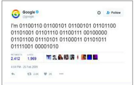 Gambar 2. Status pertama Google bertuliskan pesan “I’m feeeling lucky” dalam kode biner 