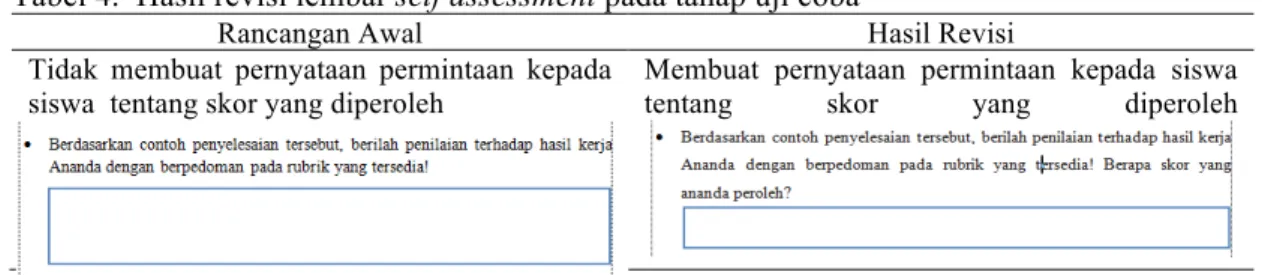 Tabel 4.  Hasil revisi lembar self assessment pada tahap uji coba 