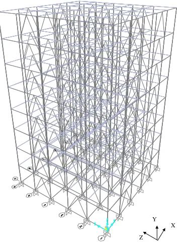 Gambar 36 : Tampak depan model 3D untuk struktur bertingkat dengan bracing tanpa                         damper  ( Centroid Bracing Frame atau CBF ) 