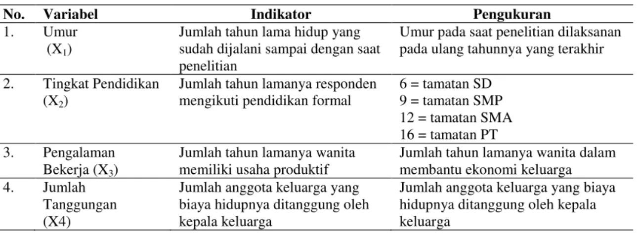 Tabel 2.  Indikator dan Pengukuran Variabel Faktor-faktor yang Mempengaruhi     Curahan     Waktu Kerja Wanita