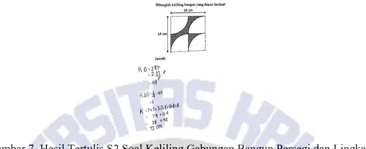 Gambar 7. Hasil Tertulis S2 Soal Keliling Gabungan Bangun Persegi dan Lingkaran 