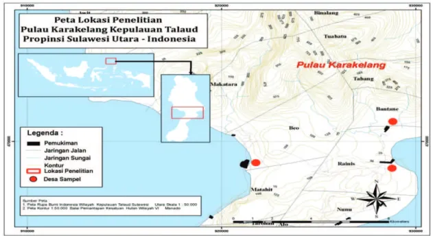 Gambar 1.  Peta Pulau Karakelang yang menjadi lokasi penelitian.