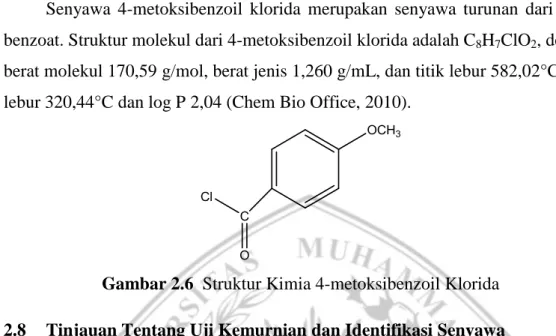 Gambar 2.6  Struktur Kimia 4-metoksibenzoil Klorida  2.8  Tinjauan Tentang Uji Kemurnian dan Identifikasi Senyawa 