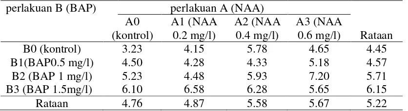 Tabel 5. Rataan tinggi tunas (cm) pada pemberian konsentrasi NAA dan BAP 1)  