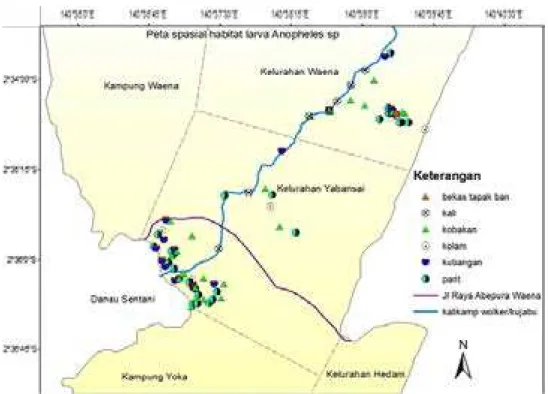 Gambar 1. Peta Overlay Distribusi Spasial Habitat Larva Nyamuk Anopheles spp   di Distrik Heram Berdasarkan Curah Hujan Dasarian