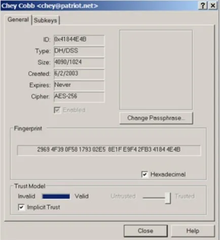 Figure 5-3: The PGP properties dialog box which shows thefingerprint associated with the public key.