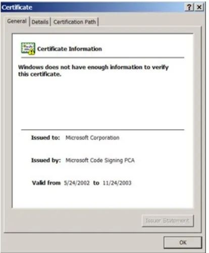 Figure 5-4: Checking the properties of an invalid digitalcertificate.