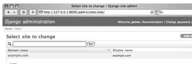 Figure 2-2. The default site object created by Django