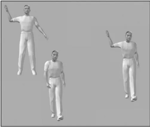Figure 6.1: Even though the two animations shown on the left are separately defined, you can combine theminto one unique animation, as shown on the right.You don't have to stop with only blending two animations, you could go on to combine three, four, or e