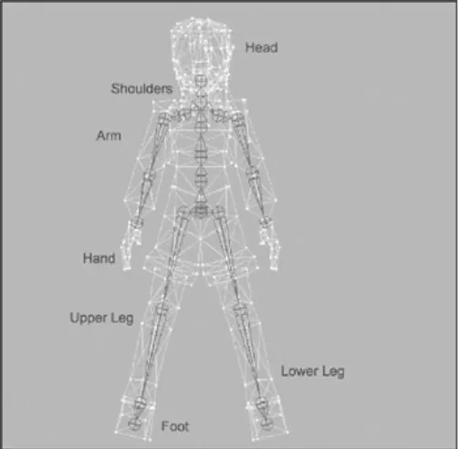 Figure 7.1: You can split a sample character, complete with a skeletal structure and skinned mesh, into aseries of individual components.Imagine surrounding each bone (and each vertex belonging to each bone) in Figure 7.1 with a box−abounding box, to be ex