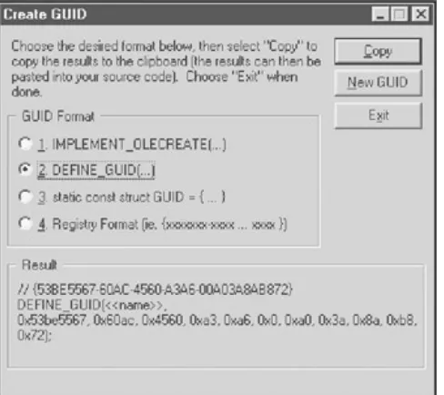 Figure 3.1: The guidgen.exe's Create GUID dialog box allows you to create a unique identification number in