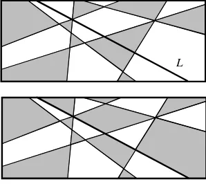 Figure 2.6. Shading the regions formed by all lines exceptL (top), and the new shading obtained by ﬂipping the colorson one side of L (bottom).