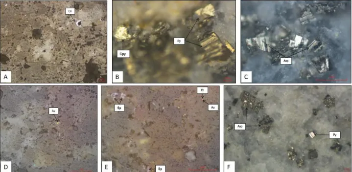 Gambar  14.  Foto  mikroskopis  sayatan  poles  breksi  hidrotermal.  A.  Mineral  galena  yang  berasosiasi 