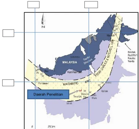 Gambar 1.  Lokasi dari zona mineralisasi di wilayah busur Magmatik Kalimantan Tengah  (KSK, 2004)  Menurut  karya  penelitian  sebelumnya, 