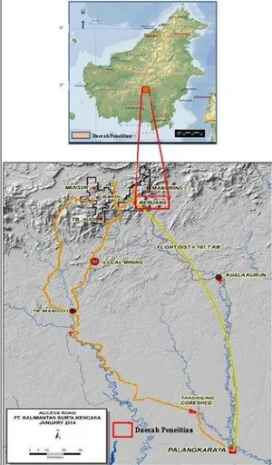 Gambar 2. Akses ke  Beruang Kanan dari Palangkaraya, ibukota Propinsi Kalimantan  Tengah.(KSK,2004) 