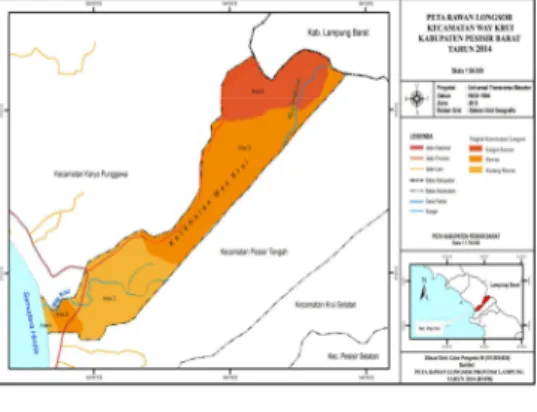 Gambar 2. Peta daerah rawan longsor  Kecamatan Way Krui tahun 2014  2.  Deskripsi  Daerah  Rawan 