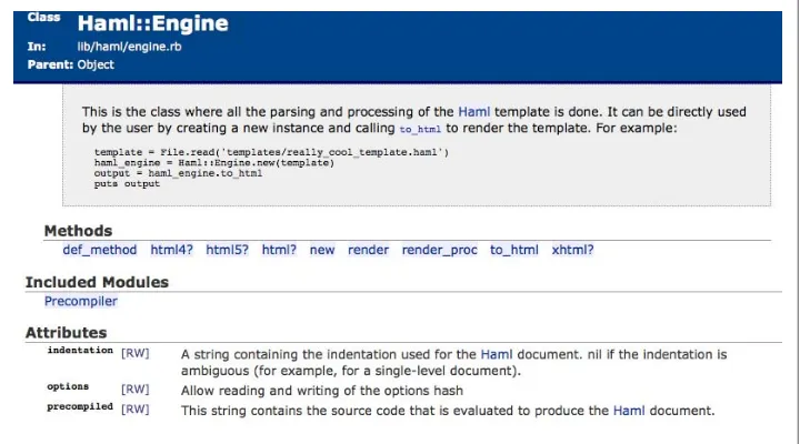 Figure 8-1. API documentation for Haml::Engine, generated by RDoc