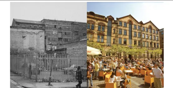 Gambar  4a  dan  4b:  Bangunan  The  Councert  Square  Liverpool  sebelum  dan  sesudah  diimplementasikan  konsep  konversi  bangunan  tua