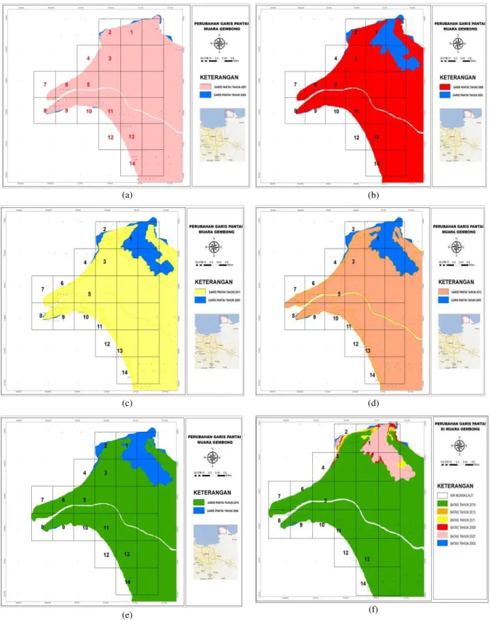 Gambar 5. Perubahan luas garis pantai  tahun 2005 dengan  (a) 2007, (b) 2009, (c) 2011, (d) 2013, (e) 2015, (f) Gabungan 