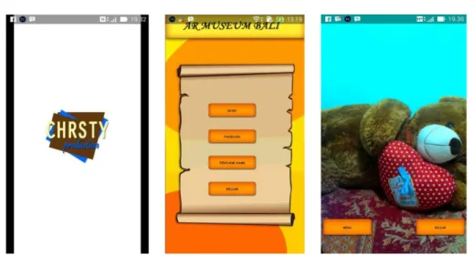 Gambar 1. Tampilan Antarmuka Aplikasi AR: Splash Screen (Kiri),   Menu Utama (Tengah), Kamera Scan Marker (Kanan) 