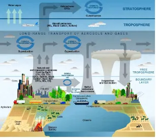 Figure 2-1. This illustration shows how different chemicals and other sub-stances move into and through the troposphere