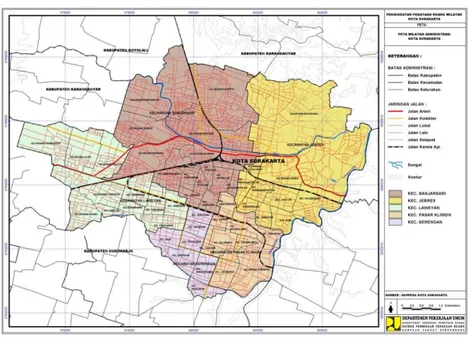 Gambar 1.1 Peta Administrasi Surakarta   Sumber : Bapeda Kota Surakarta, (2019) 