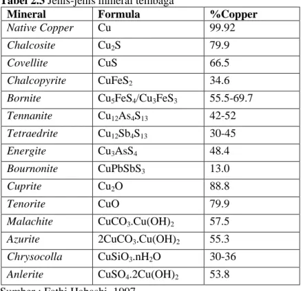 Tabel 2.3 Jenis-jenis mineral tembaga 
