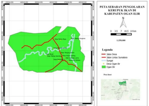 Gambar 1. Lokasi pengambilan sampel  Dari  penempatan  pengolah  kerupuk  bersumber  dari  Dinas  Perikanan  dan  Peternakan  Ogan  Ilir  Sumatra  Selatan  serta  hasil pengamatan di lapangan