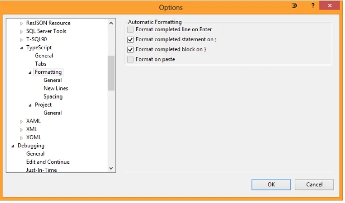 Figure 1-4.Figure 1-4. The TypeScript Options dialog box in Visual Studio 2012