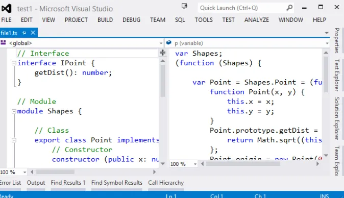 Figure 1-5. The split-pane view of a TypeScript file in Visual Studio 2012 with the Web Essentials extension installed