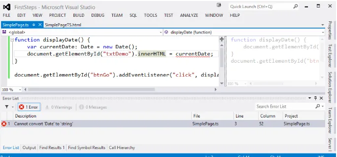 Figure 1-8. TypeScript errors are underscored in the edit window and listed in the Error List window