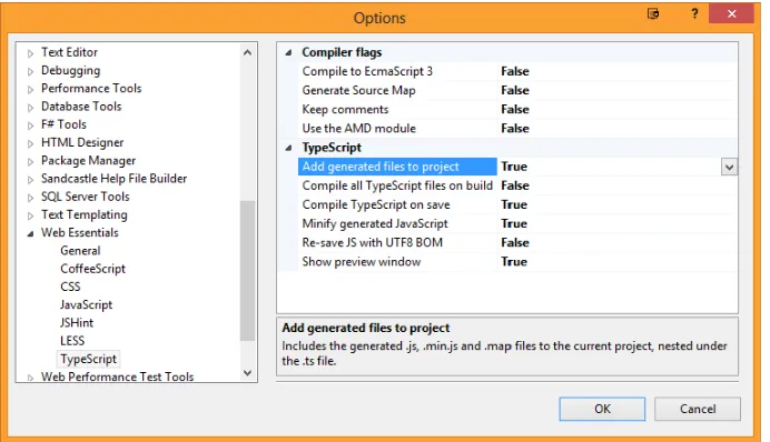 Figure 3-1. The Web Essentials Options dialog box for TypeScript