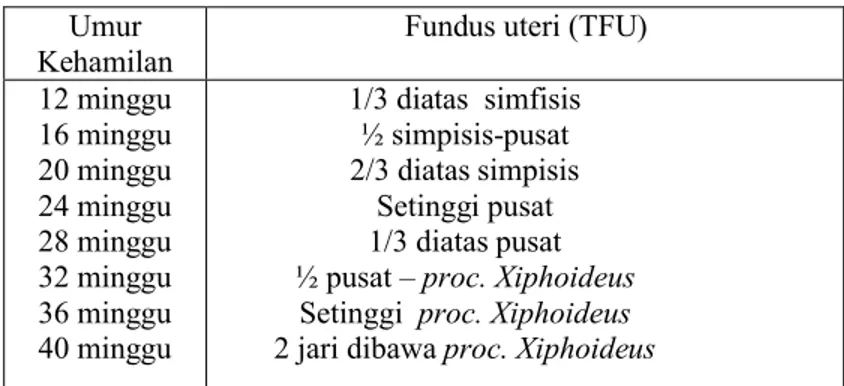 Tabel 2.6.   TFU dilakukan dengan palpasi fundus dan  membandingkan dengan patokan