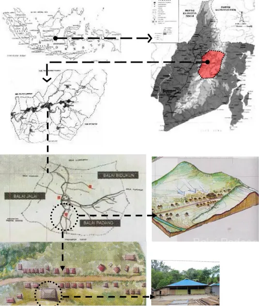 Gambar 1.1. Lokasi dan kondisi lingkungan rumah Adat Balai Padang di Pegunungan Meratus,        Kalimantan Selatan (Muchamad, 2007) 