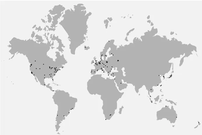 Figure 1-1. World map from http://mirrors.cpan.org showing CPAN server locations