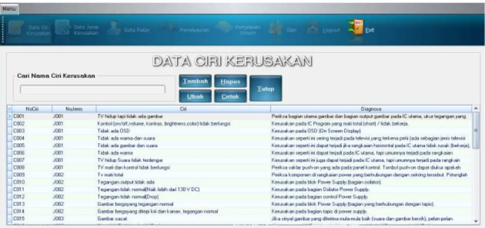 Gambar 11. Tampilan menu data ciri kerusakan 