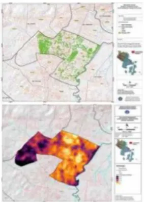 Gambar 2. Luas RTH di Kecamatan Kadia dan hasil analisis  Urban Surface Temperature                                         