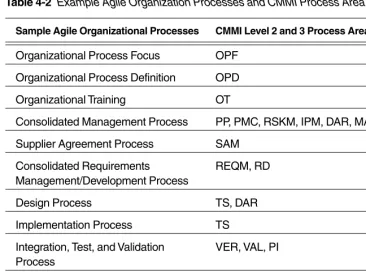 Table 4-2 Example Agile Organization Processes and CMMI Process Area Coverage