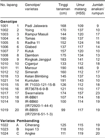 Tabel 3. Karakter permukaan daun dan sudut batang beberapa genotipe padi. Sukamandi, MH 2012/2013.