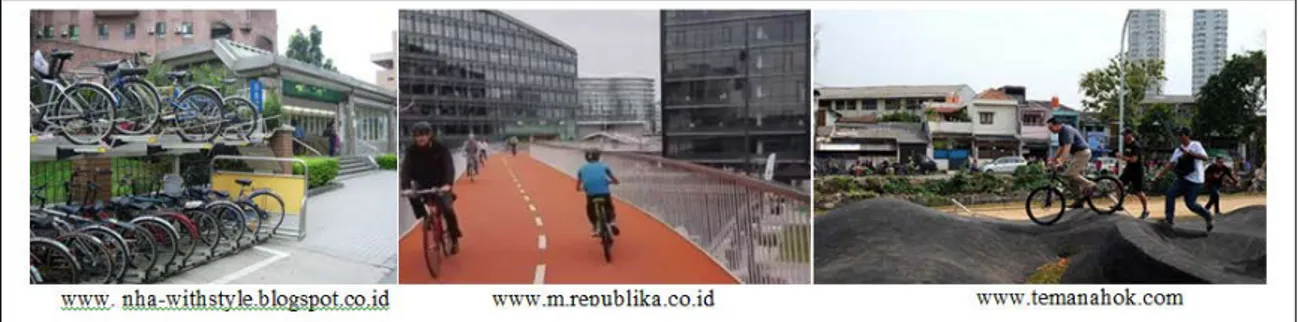 Gambar 3. Konsep image untuk atribut green transportation (a) pakir sepeda; (b) jalur sepeda layang;       (c) arena bukit sepeda 